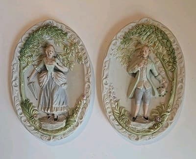Chase Wall Plaques Couple Hand Painted Occupied Japan 1940's Bisque Relief 2pc