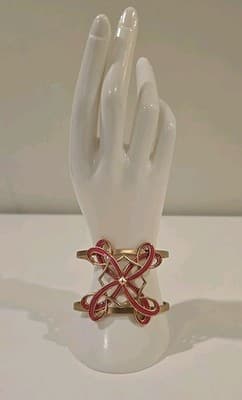 Designer Signed NRO Pink Red Guilloche Enamel Cuff Bracelet