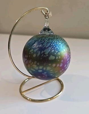Glass Art Studio Hand Blown Gold Purples Ornament Nice Size 3" X 3 1/4"