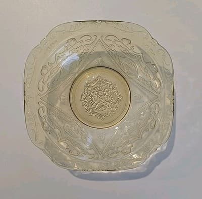 Vintage Federal Depression Glass Amber Yellow Square Madrid Dessert Bowl