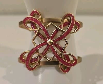 Designer Signed NRO Pink Red Guilloche Enamel Cuff Bracelet - Thumbnail 2