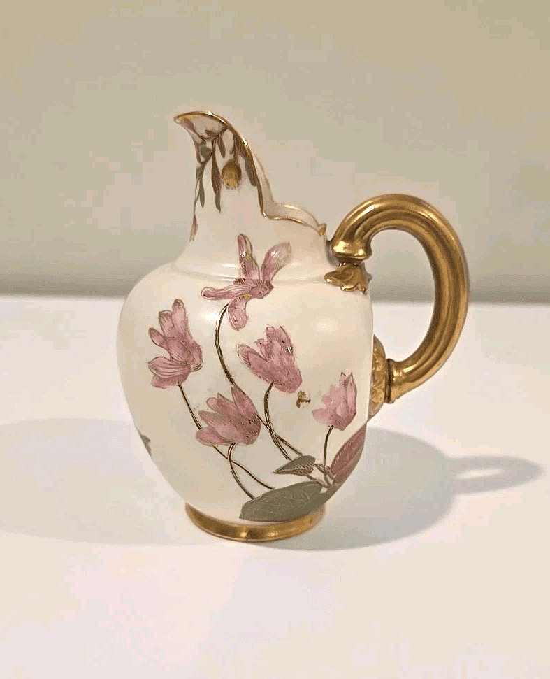 Royal Worcester Floral Flat Back Jug Pitcher Blush Ivory Gold c1880 1094