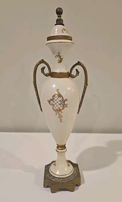 19C Sevres Style Porcelain Gilt Metal Mounted Mantle Urn w/ Courting Couple - Thumbnail 4