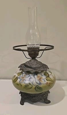 Antique Gone with the Wind Floral Oil Lamp Olive Blue Flowers