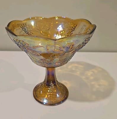 Indiana Carnival Glass Pedestal Bowl Marigold Harvest Grape Compote Vintage - Thumbnail 2