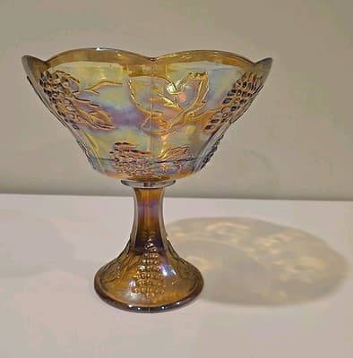 Indiana Carnival Glass Pedestal Bowl Marigold Harvest Grape Compote Vintage
