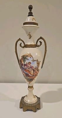19C Sevres Style Porcelain Gilt Metal Mounted Mantle Urn w/ Courting Couple
