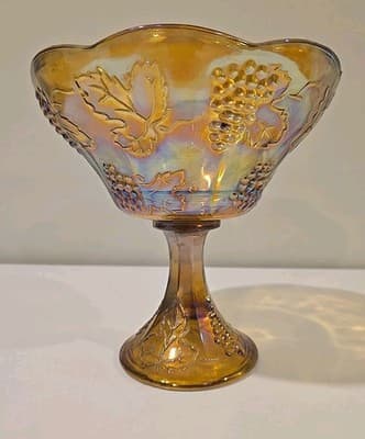 Indiana Carnival Glass Pedestal Bowl Marigold Harvest Grape Compote Vintage - Thumbnail 8