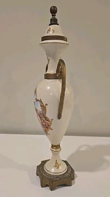 19C Sevres Style Porcelain Gilt Metal Mounted Mantle Urn w/ Courting Couple - Thumbnail 2