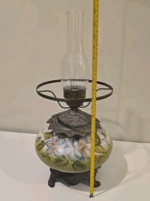 Antique Gone with the Wind Floral Oil Lamp Olive Blue Flowers - Thumbnail 4