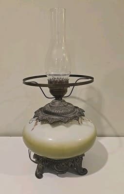 Antique Gone with the Wind Floral Oil Lamp Olive Blue Flowers - Thumbnail 11