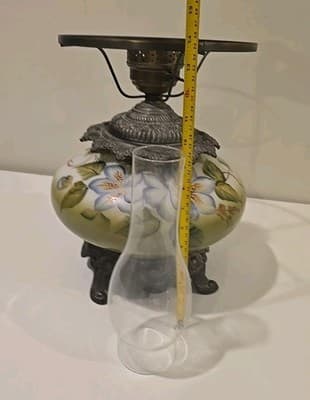 Antique Gone with the Wind Floral Oil Lamp Olive Blue Flowers - Thumbnail 13