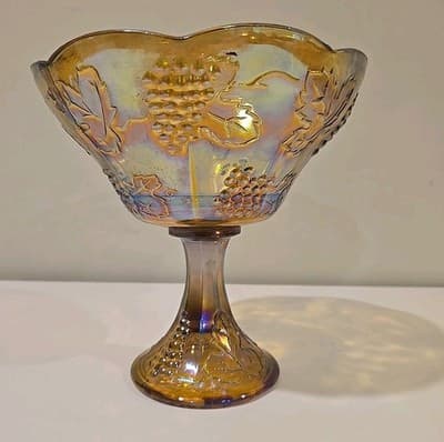 Indiana Carnival Glass Pedestal Bowl Marigold Harvest Grape Compote Vintage - Thumbnail 9