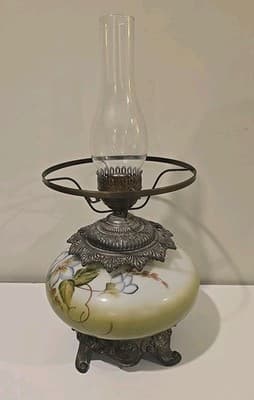 Antique Gone with the Wind Floral Oil Lamp Olive Blue Flowers - Thumbnail 7