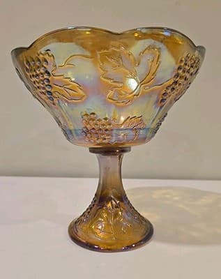 Indiana Carnival Glass Pedestal Bowl Marigold Harvest Grape Compote Vintage - Thumbnail 6