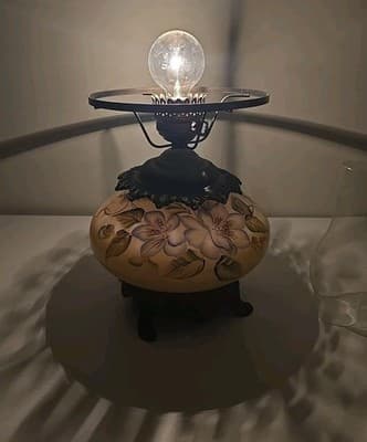 Antique Gone with the Wind Floral Oil Lamp Olive Blue Flowers - Thumbnail 15