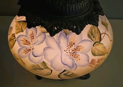Antique Gone with the Wind Floral Oil Lamp Olive Blue Flowers - Thumbnail 17
