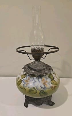 Antique Gone with the Wind Floral Oil Lamp Olive Blue Flowers - Thumbnail 6