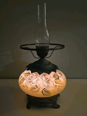 Antique Gone with the Wind Floral Oil Lamp Olive Blue Flowers - Thumbnail 2