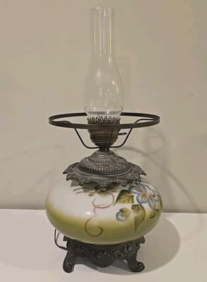 Antique Gone with the Wind Floral Oil Lamp Olive Blue Flowers - Thumbnail 9
