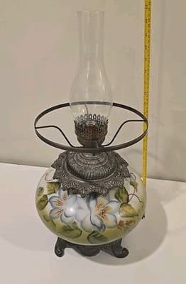 Antique Gone with the Wind Floral Oil Lamp Olive Blue Flowers - Thumbnail 3
