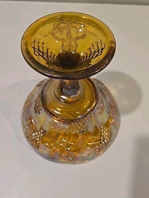 Indiana Carnival Glass Pedestal Bowl Marigold Harvest Grape Compote Vintage - Thumbnail 11