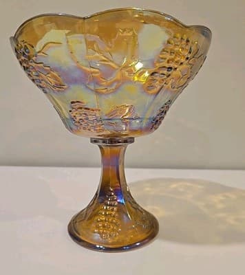 Indiana Carnival Glass Pedestal Bowl Marigold Harvest Grape Compote Vintage - Thumbnail 7