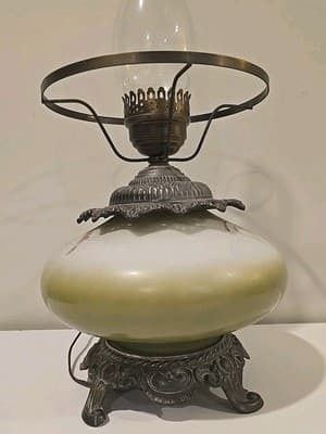 Antique Gone with the Wind Floral Oil Lamp Olive Blue Flowers - Thumbnail 12