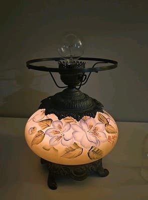 Antique Gone with the Wind Floral Oil Lamp Olive Blue Flowers - Thumbnail 14