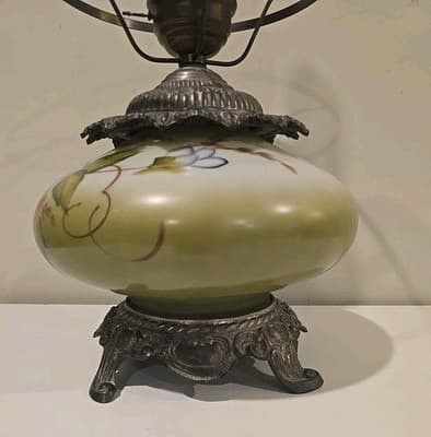 Antique Gone with the Wind Floral Oil Lamp Olive Blue Flowers - Thumbnail 8