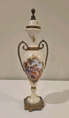19C Sevres Style Porcelain Gilt Metal Mounted Mantle Urn w/ Courting Couple - Thumbnail 6