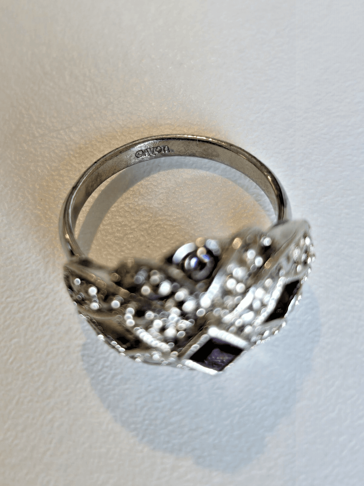 Vintage Avon Woven With Faux Marcasites Ring 7 Silver Tone Purple Stone - Thumbnail 3