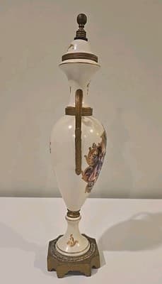 19C Sevres Style Porcelain Gilt Metal Mounted Mantle Urn w/ Courting Couple - Thumbnail 5