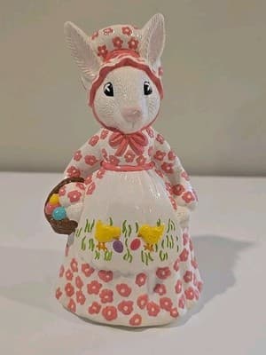 Vtg Ceramic Hand Painted Rabbit/Bunny In Dress W/ Basket Of Easter Eggs 7 1/2”