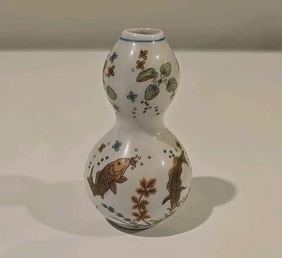 Vintage Imperial Dynasty Double Gourd Koi Fish Mini Porcelain Bud Vase Japan