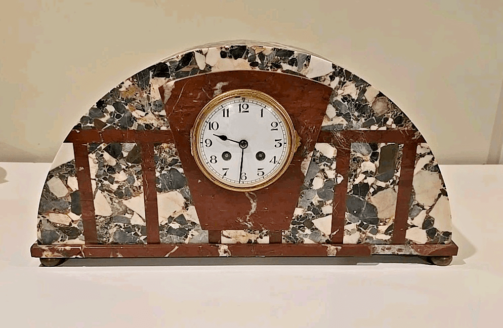 Antique Art Deco French Multicolored Marble Decorative Shelf Mantle Clock READ