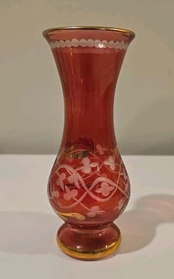 Vintage Royal Limited Red Art Glass Vase Egyptian Hand Cut Crystal - Thumbnail 4