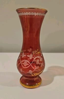 Vintage Royal Limited Red Art Glass Vase Egyptian Hand Cut Crystal - Thumbnail 3