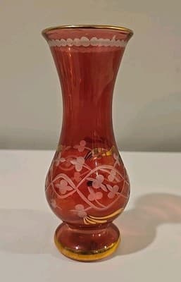 Vintage Royal Limited Red Art Glass Vase Egyptian Hand Cut Crystal - Thumbnail 5