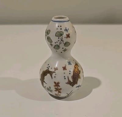 Vintage Imperial Dynasty Double Gourd Koi Fish Mini Porcelain Bud Vase Japan - Thumbnail 2