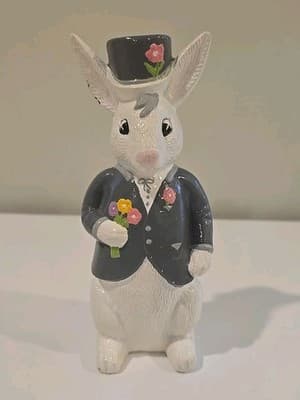 Vintage 1970s USA Ceramic Anthropomorphic Mr. Easter Bunny Flowers Figurine 7.5"