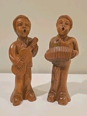 2 Hand Carved Wooden Wood Choir Boys Carolers Christmas 12"