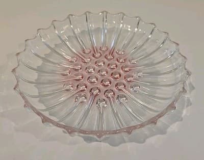 Vintage Clear & Pink Glass Hobnail Sawtooth Ribbed Dish Atomic Deco Industrial