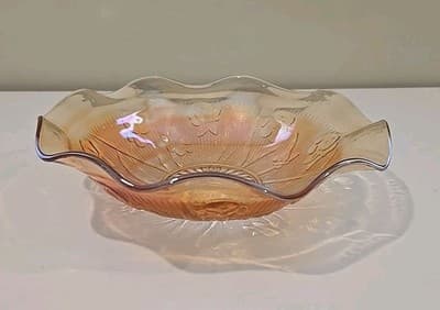 VTG Jeannette Iris Herringbone Iridescent Flora Gold Large Glass Fruit Bowl