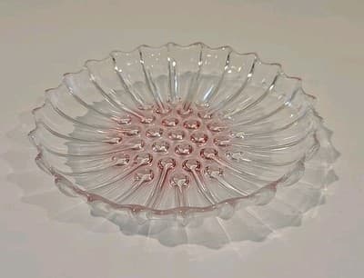 Vintage Clear & Pink Glass Hobnail Sawtooth Ribbed Dish Atomic Deco Industrial - Thumbnail 2