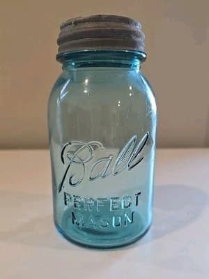 Vintage Ball Blue Glass Perfect Mason Canning Jar 1 Quart with Zinc Lid