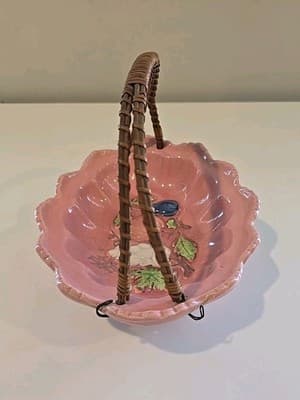 VTG Old Japan Oval/Basket Wire Rattan Handle Hand Painted Pink Porcelain Fruit - Thumbnail 3