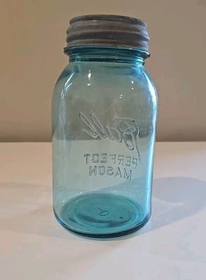 Vintage Ball Blue Glass Perfect Mason Canning Jar 1 Quart with Zinc Lid - Thumbnail 3
