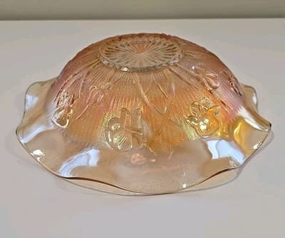 VTG Jeannette Iris Herringbone Iridescent Flora Gold Large Glass Fruit Bowl - Thumbnail 5