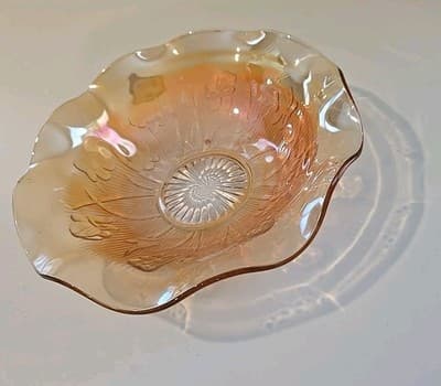 VTG Jeannette Iris Herringbone Iridescent Flora Gold Large Glass Fruit Bowl - Thumbnail 8